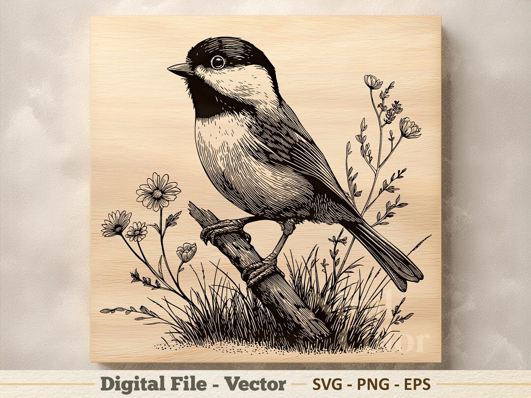 Black Capped Chickadee Vector Illustration SVG – Line Art PNG - Laser ...