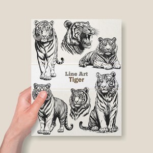 Puede incluir: Ilustraciones en blanco y negro de tigres en l&iacute;nea, en varias poses. El texto "Line Art Tiger" est&aacute; en la parte inferior de la imagen.