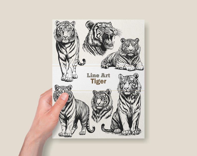 Puede incluir: Ilustraciones en blanco y negro de tigres en l&iacute;nea, en varias poses. El texto "Line Art Tiger" est&aacute; en la parte inferior de la imagen.