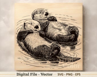 May include: A square wooden plaque featuring a black ink illustration of two sea otters floating on their backs with eyes closed. The text "Digital File - Vector SVG - PNG - EPS" is printed at the bottom, with "Nival Color" visible in the lower right corner.