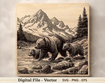 Bear Vector Illustration SVG – Grizzly Bears Line Art PNG - Laser Engraving Clipart – Digital Download