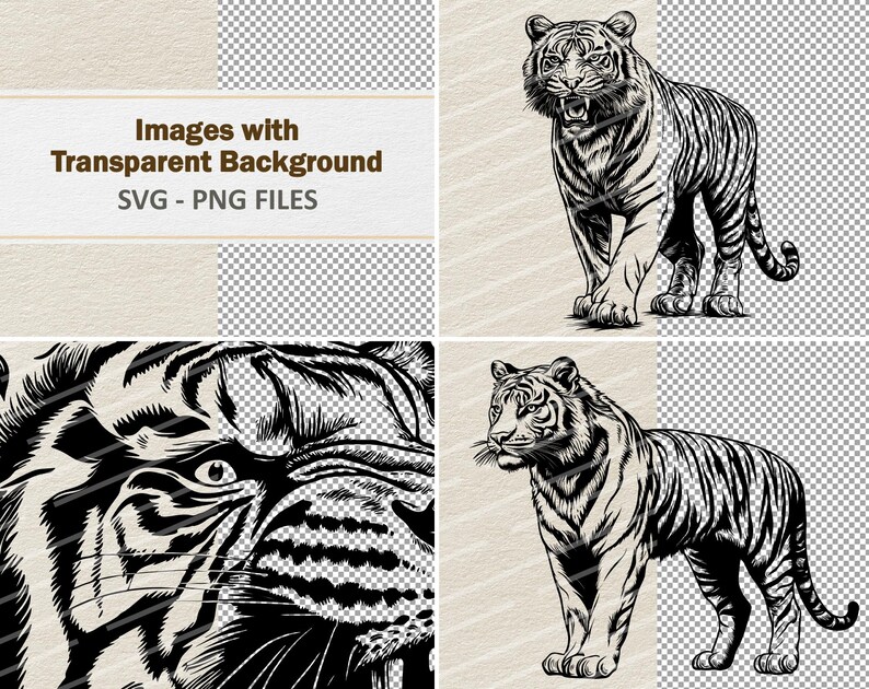 Puede incluir: Ilustraci&oacute;n en blanco y negro de un tigre con una expresi&oacute;n feroz. El tigre est&aacute; de pie con la cabeza alta y la boca abierta en un rugido. La imagen est&aacute; sobre un fondo transparente.