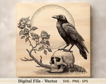 カラスのベクターイラストSVG – カラスの頭蓋骨と月の線画PNG – レーザー彫刻クリップアート – デジタルダウンロード
