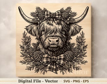 Ilustração vetorial de vaca das Terras Altas de Natal em SVG – Arte linear de vaca natalina em PNG – Clipart para gravação a laser – Download digital