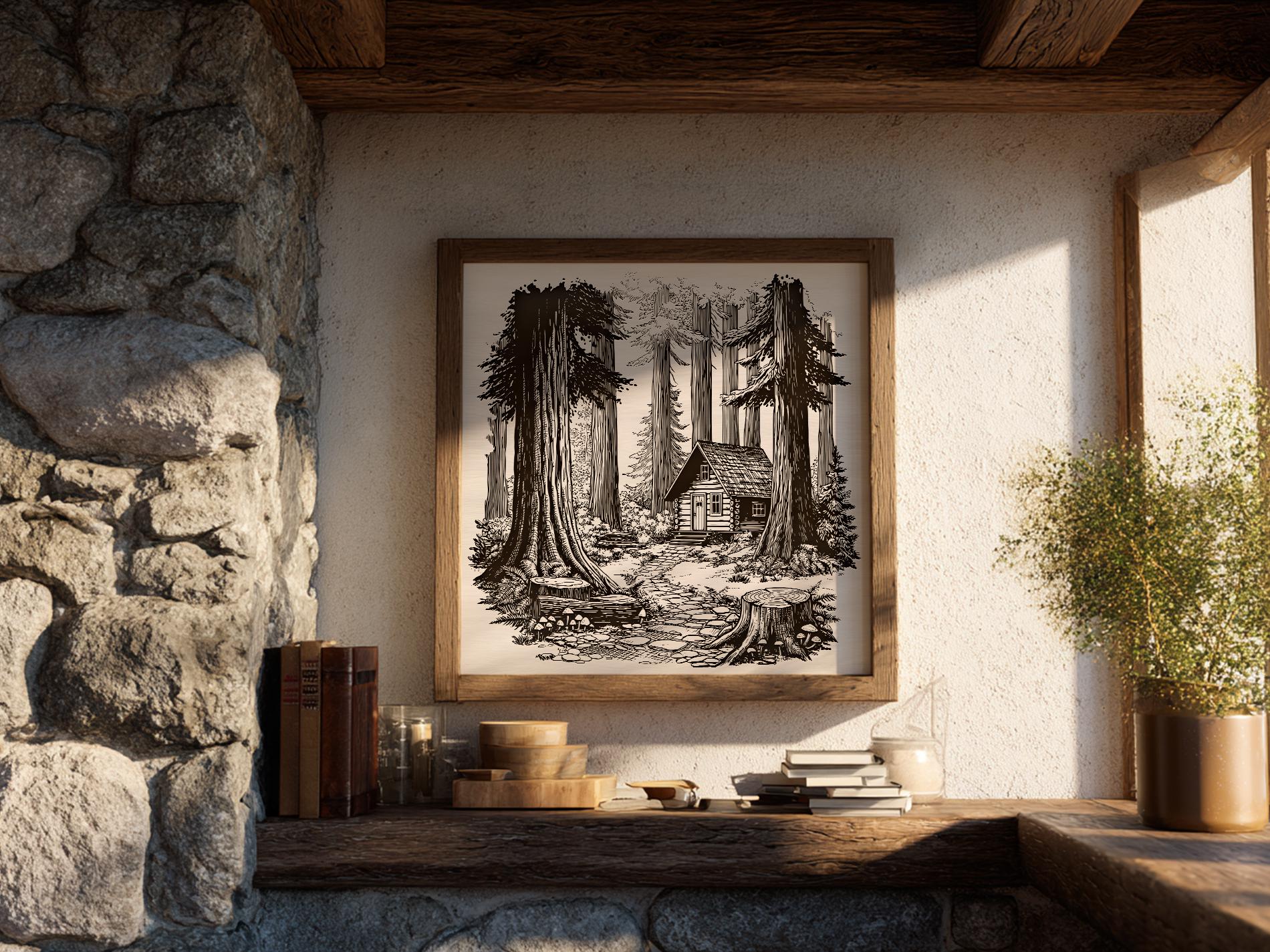 Forest Cabin Illustration Vector SVG – Rustic Cabin Line Art PNG ...