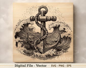 Ilustración vectorial de ancla SVG – Arte lineal náutico PNG - Imágenes prediseñadas para grabado láser – Descarga digital