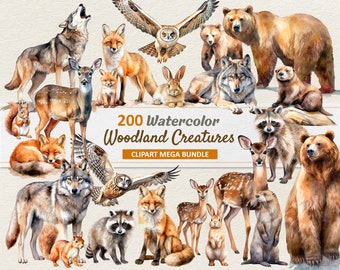 May include: Watercolor illustration of various woodland creatures, including wolves, foxes, owls, bears, deer, rabbits, and squirrels. The image includes the text "200 Watercolor Woodland Creatures CLiPART MEGA BUNDLE". The animals are depicted in a realistic style with natural colors.
