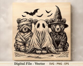 Ilustración vectorial SVG de osos de Halloween – Dibujo lineal PNG de oso – Imágenes prediseñadas para grabado láser – Descarga digital