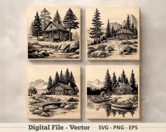 Ilustração vetorial de cabana na montanha em SVG – Arte linear de chalé em PNG – Clipart para gravação a laser – Download digital