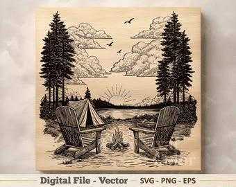 Ilustración vectorial SVG de un campamento junto al lago – Arte lineal PNG de una tienda de campaña con fogata – Imágenes prediseñadas para grabado láser – Descarga digital
