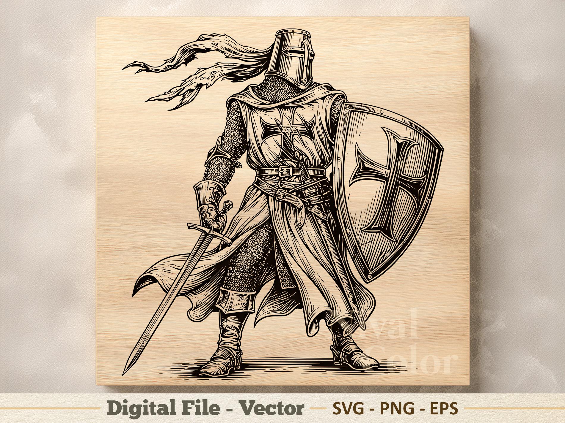 Crusader Knight Vector Illustration SVG – Medieval Warrior Line Art PNG ...