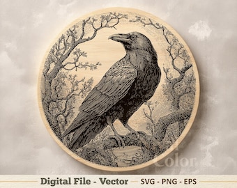 Ilustração vetorial de corvo em SVG – Arte linear de corvo em PNG – Clipart para gravação a laser – Download digital