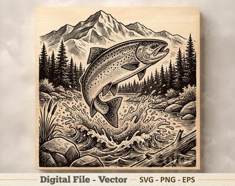 Ilustración vectorial de trucha en formato SVG – Dibujo lineal de pez saltando en formato PNG – Imágenes prediseñadas para grabado láser – Descarga digital