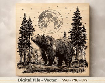 Ilustración vectorial de oso SVG – Arte lineal de oso grizzly del bosque PNG EPS - Imágenes prediseñadas para grabado láser – Descarga digital