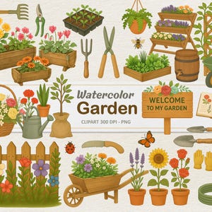 Aquarell Gartenarbeit Clipart - Digitale Illustration Gartenwerkzeuge - Blumen Pflanzen PNG - Kommerzielle Nutzung