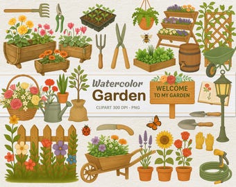 Watercolor Gardening Clipart - Digital Illustration Garden Tools -  Flowers Plants PNG - Commercial Use