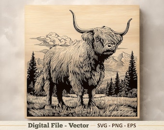 Ilustração vetorial de vaca das Terras Altas em PNG – Arte linear de gado em SVG – Clipart para gravação a laser – Download digital