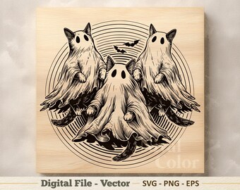 Ilustración vectorial SVG de gatos fantasma de Halloween – Arte lineal espeluznante PNG - Imágenes prediseñadas para grabado – Descarga digital
