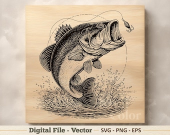 Ilustración vectorial SVG de pesca de lubina negra – Dibujo lineal de peces PNG EPS - Imágenes prediseñadas para grabado láser – Descarga digital