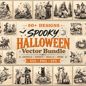 May include: A digital collection of over 50 Halloween-themed vector designs featuring black and white illustrations of ghosts, cats, skulls, pumpkins, and animals. The central text reads 50+ DESIGNS SPOOKY HALLOWEEN Vector Bundle ANIMALS GHOSTS SKULLS MORE.