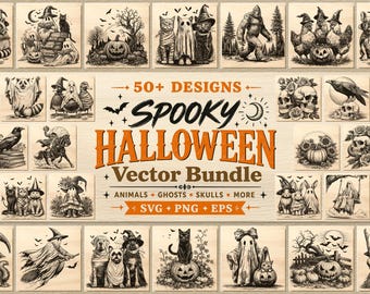 Pacote Mega de Vetores de Halloween – Mais de 50 Desenhos em Linha – Bruxa, Fantasma, Abóbora, Caveira – SVG, PNG, EPS – Acesso Vitalício – Uso Comercial