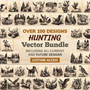 May include: A collection of over 100 hunting-themed vector designs, including illustrations of animals, landscapes, and hunting-related imagery. The designs are displayed on individual wooden tiles, with text that reads "OVER 100 DESIGNS HUNTING Vector Bundle".