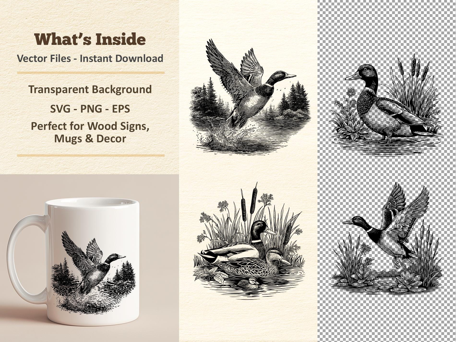 Mallard Duck Vector Illustration SVG – Line Art Wild Duck PNG - Laser ...