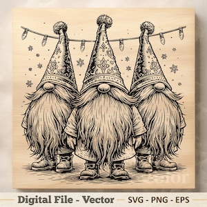 May include: A black and white line art illustration on a wood grain background featuring three gnomes with long beards and tall patterned hats standing under a string of lights and snowflakes. The text Digital File - Vector SVG - PNG - EPS is below.