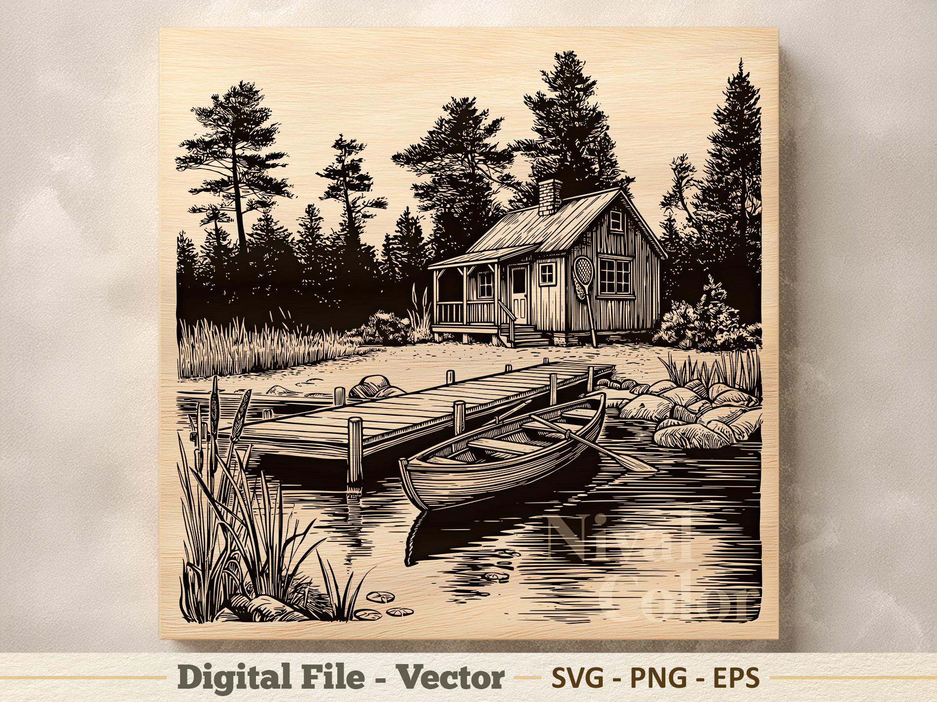 Lake Cabin Vector Illustration SVG – Woodland House Line Art PNG ...