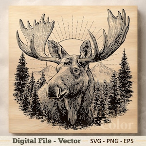 Moose Portrait Vector Illustration SVG – Line Art PNG EPS - Laser Engraving Clipart – Digital Download
