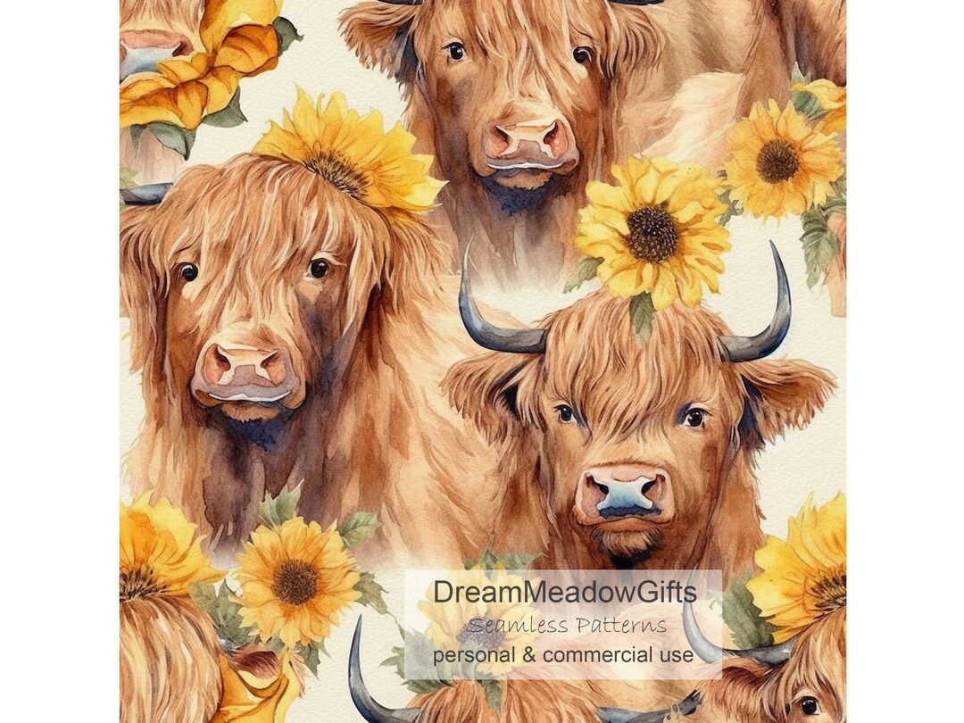 Highland Cow Seamless Pattern, Sunflowers and Highland Cows Seamless ...