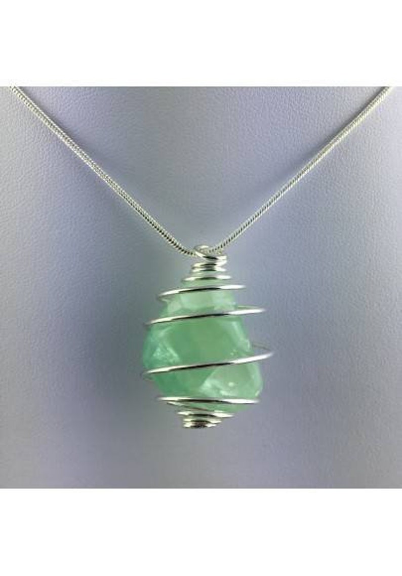 Green Fluorite Pendant Handmade Silver Plated Spiral Necklace