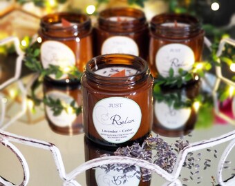 Just Relax! Candle - Naturally Scented | Essential Oils Soy Wax Candle in Amber Jar with Lid. (Lavender and Cedar) 4oz