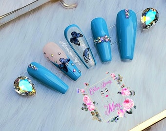 Butterfly Blues | Custom Made | Press On Nails | Glue On Nails | Faux Nails | Fake Nails | Bling Nails | Designer | Blue nails | Summer |