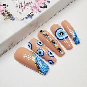 Evil Eye #1 | Press On Nails | Custom Nails | Designer | Luxury Nails | Glue On Nails | Nails | Gift | Fake | Marble Blue nail | bling nails