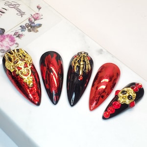 Red Skulls | Halloween Nails | Goth Nails | Press on Nails | Glue On Nails | Luxurious Nails | Custom Nails | red and black Nails | Gel Nail