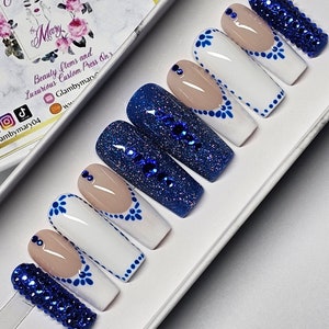 Clase blue nails | Bridal | Press on Nails | Glue On | Nails | False Nails | Crystal Press On Nails | Luxurious Nails | Custom Nails | blue