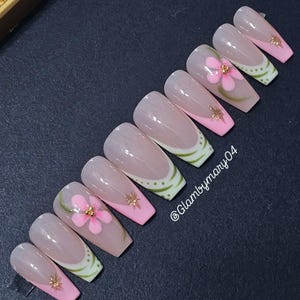 Sweet Botanical | Press On Nails | Custom Nails | Designer | Luxury Nails | Glue On Nails | Fake Nails | Soft Pink Green Nature Inspired |