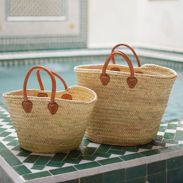 Leather Straw bag | French Basket Bag | Leather Handles Bag | Moroccan Basket | Beach Basket Bag, Woven Storage Box | Moroccan Basket Bag