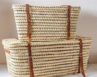 Handmade storage trunk with camel leather clouser | Palm leaf wicker storage chest | Wicker Natural Storage Basket | Toys storage box