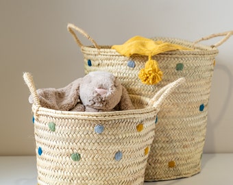 Dots Storage Basket | Personalized Straw Basket | Morrocan Basket | Storage Basket, Natural Storage Basket, Handmade Wicker Basket, Gifts