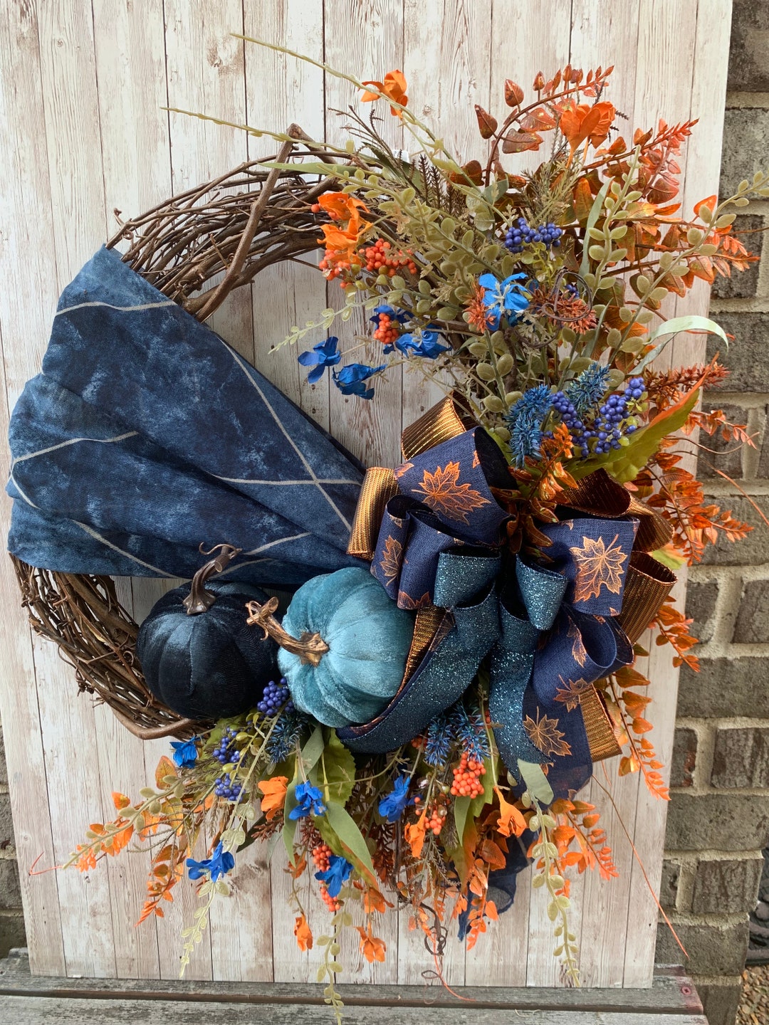 Fall Grapevine Wreath, Fall Front Door Wreath With Navy and Blue ...