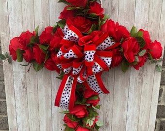 Cemetery Cross Red Roses. Choose Your Ribbon Color Solid, Patriotic, Military, Pattern. Easter, Mothers Day Memorial Arrangement