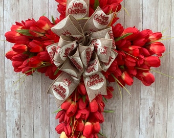 Cemetery Cross Red Tulips. Choose Your Ribbon Color: Solid, Patriotic, Military, Police or Pattern, Easter, Mothers Day,  Memorial Cross