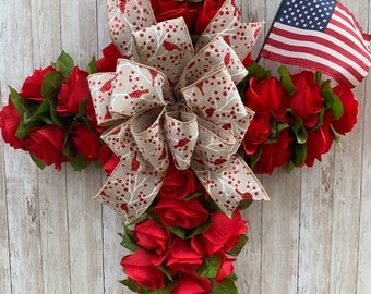 Cemetery Cross Red Roses. Choose Your Ribbon Color Solid, Patriotic, Military, Pattern. Easter, Mothers Day Memorial Arrangement