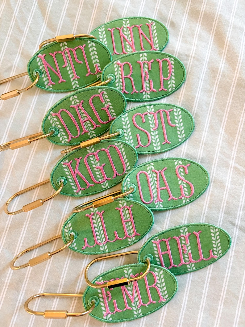 Personlig broderad väsketikett | Anpassad broderad väskberlock | Anpassad nyckelring med initialer | Bagageetikett | Nyckelringstillbehör | Present till henne Green Stripes