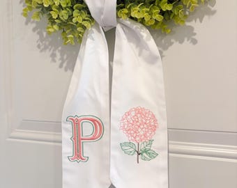 Custom Embroidered Hydrangea Wreath Sash | Monogram Door Wreath Sash | Personalized Summer Wreath Bow | Front Door Decor