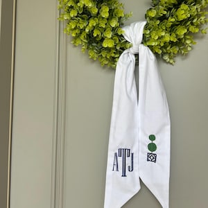 Personalized Wreath Sash with Monogram + Topiary | Embroidered Door Decor | Custom Ribbon for Spring + Summer Wreath |Southern Home Accent