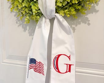 Embroidered 4th of July Wreath Sash | Patriotic Wreath Sash | USA Door Bow | Memorial Day Decor | Red White and Blue embroidered Sash