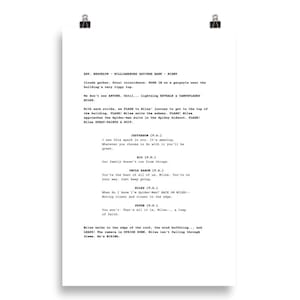 May include: A white printed movie script page with black text, held by two black binder clips. The script includes scene directions, character names, and dialogue. The text describes a scene with Miles and Spider-Man.